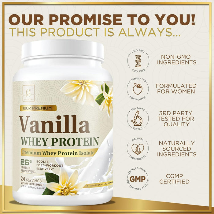 100% Whey Protein Powder, Creamy Vanilla Whey Isolate 26g Protein & BCAAs - Support Muscle Growth, Recovery & Fitness - Gluten Free, Fast Absorbing, Easy Digesting - Women & Men - 24 Servings
