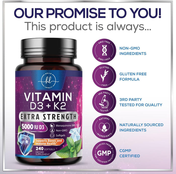Vitamin D3 K2 Supplement - 5000 IU D3 & 100mcg K2 (MK7) 2-in-1 Vitamin D & K Complex for Calcium Absorption, Bone, Teeth, Heart & Immune Support, Easy to Swallow, Non-GMO & Gluten Free