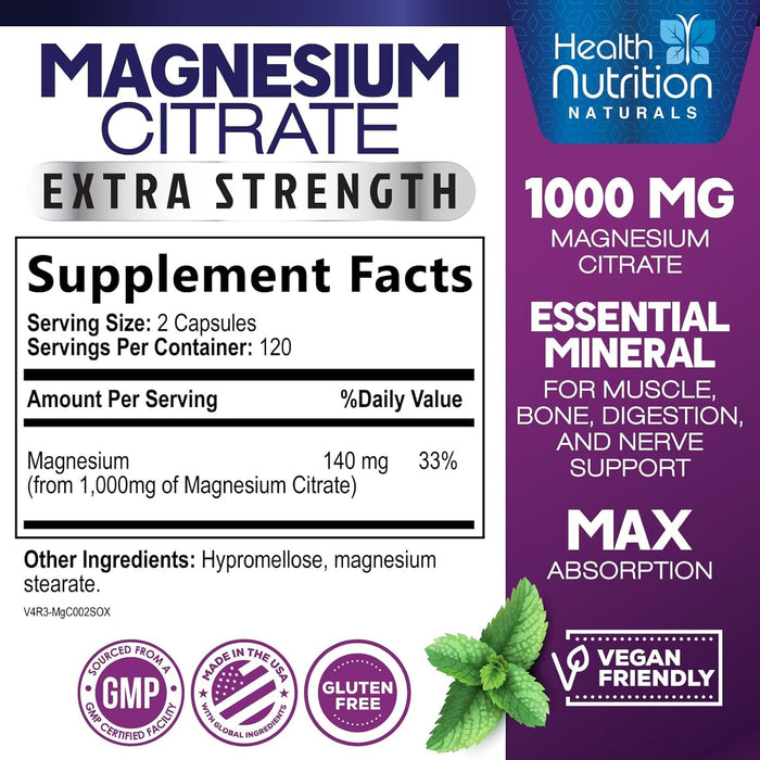 Magnesium Citrate 1000mg - Max Strength Magnesium Capsules for Muscle, Nerve, Bone and Heart Health Support, Natural Sleep Support, High Absorption Citrate Oxide Powder Complex