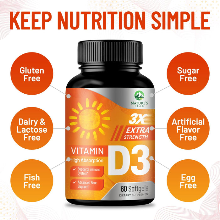 Vitamin D3 5000 IU Softgels (125 mcg) - Extra Strength Vitamins D-3 Dietary Supplement for Bone, Teeth, Muscle Health & Immune Support, Rapid Absorbtion Mini D Softgel, Non-GMO, Gluten Free - 60 Count