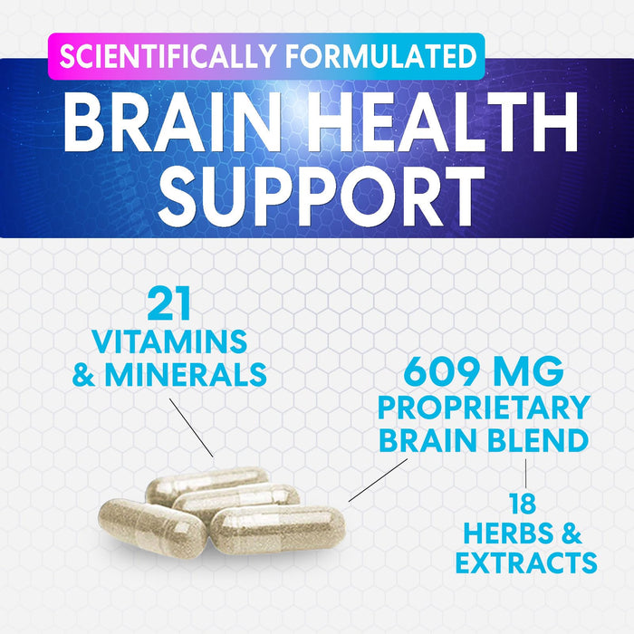 Brain Memory Supplement Pills - Nootropics Support for Concentration, Clarity, Alertness & Focus - Brain Health with Bacopa, Cognitive Vitamins, Phosphatidylserine, DMAE - Brain Booster - 60 Capsules