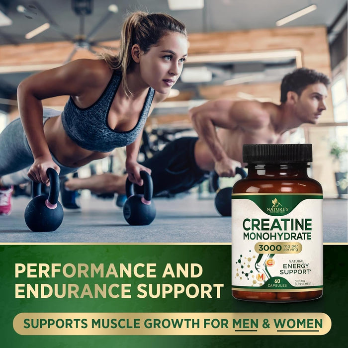 Creatine Monohydrate Capsules 3000mg – Best Micronized Creatine Powder - Supports Lean Muscle, Strength, Energy, & Endurance - Nature's Supplement, Non-GMO, Gluten Free for Women & Men