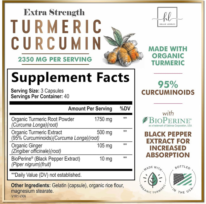 Turmeric Curcumin Supplement with 95% Curcuminoids, Organic Turmeric & Ginger 1750mg, BioPerine Black Pepper for Best Absorption, Nature's Vegan Joint Support, Non-GMO, Bottled in USA