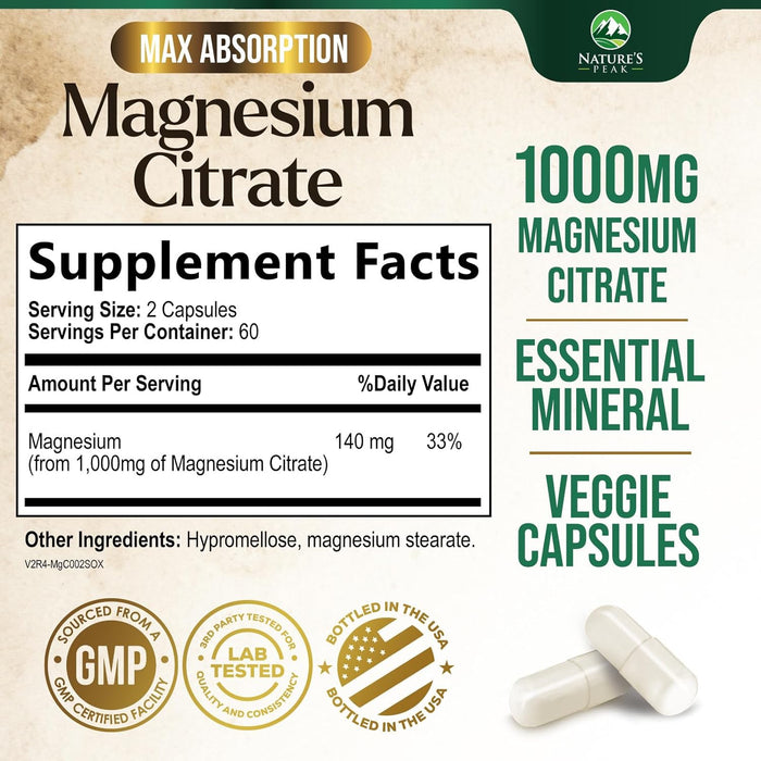 Magnesium Supplement 1000mg - Extra Strength Magnesium Complex for Muscle, Nerve, Bone & Heart Health Support - High Absorption Magnesium Citrate 500mg Capsules