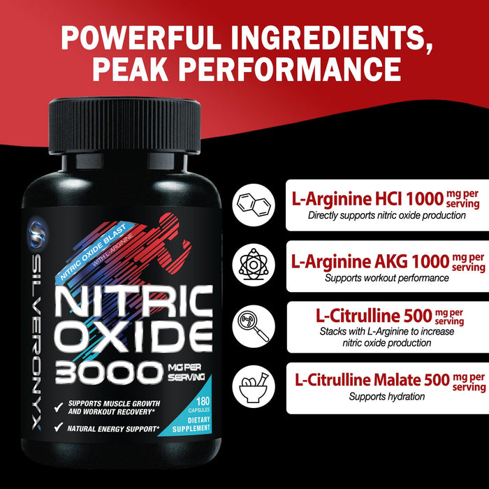 Extra Strength Nitric Oxide Supplement 3X Strength L Arginine, Citrulline Malate, AAKG, Beta Alanine - Premium Muscle Supporting Nitric Booster - Natural Energy & Heart Health Support - 180 Capsules