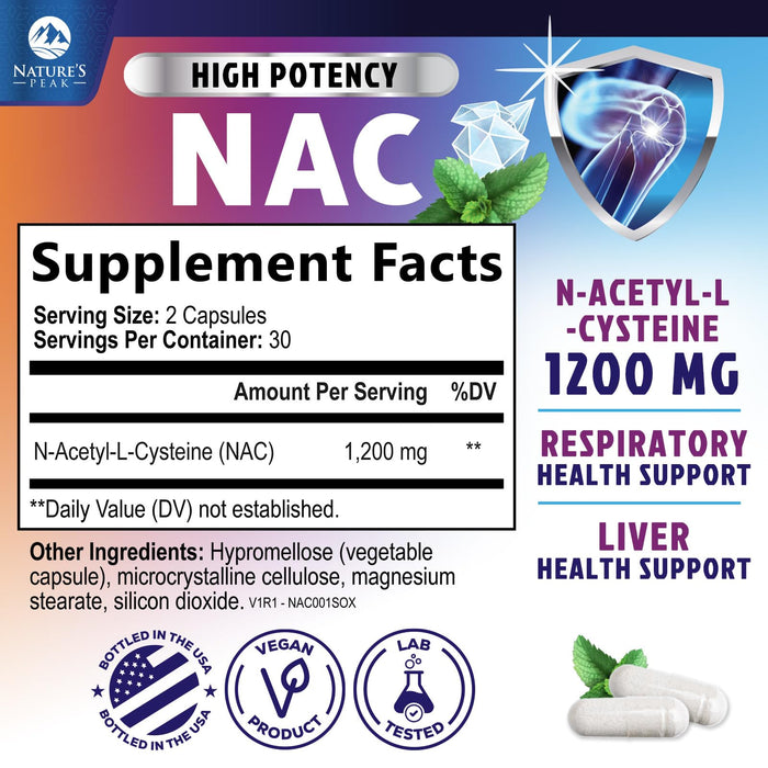 N-Acetyl Cysteine (NAC) 1200 mg – Premium Antioxidant & Immune Support - Glutathione Precursor for Liver, Lung & Respiratory Support – Nature's Fast Absorption, Non-GMO, Gluten-Free - 60 Capsules