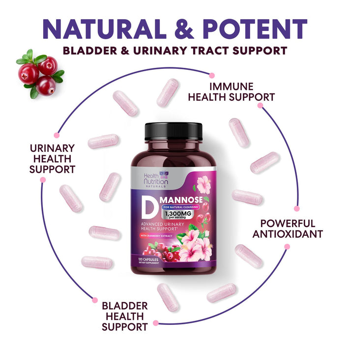 D-Mannose Supplement 1,000mg - with Cranberry, Hibiscus & Dandelion - Fast-Acting, Natural Urinary Tract & Bladder Support for Women & Men – Flush & Cleanse Impurities – Non-GMO, Vegan – 120 Capsules