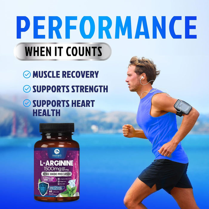 L-Arginine 1000mg Supplement Supports Heart Health - Premium Muscle Supporting Nitric Booster for Strength & Energy to Train Harder - Non-GMO, Gluten-Free Amino Acid Blend