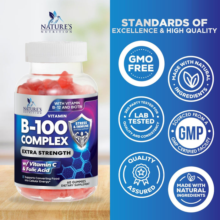 B Complex Supplement Gummies with Vitamin C & Folic Acid, Extra Strength Super Vitamin B Gummy with Niacin, B6, Folic Acid, B12, Biotin, Nature's Energy Immune Support Supplements - 60 Gummies