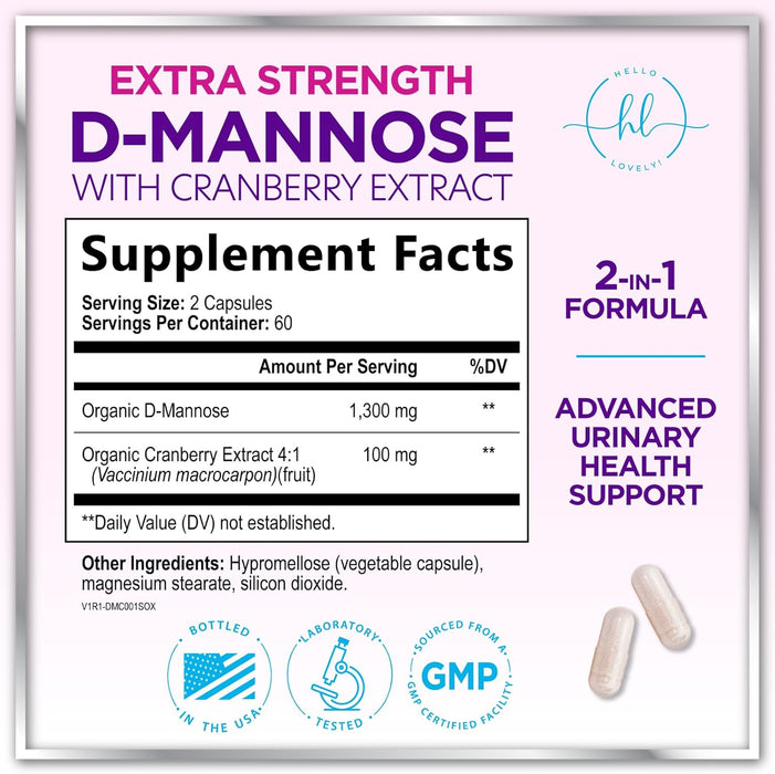 Organic D Mannose 1300mg per Serving Supplements - Extra Strength D-Mannose Capsules with Cranberry - for Natural Gentle Cleansing & Urinary Tract Health Support - Bottled in USA - 120 Capsules