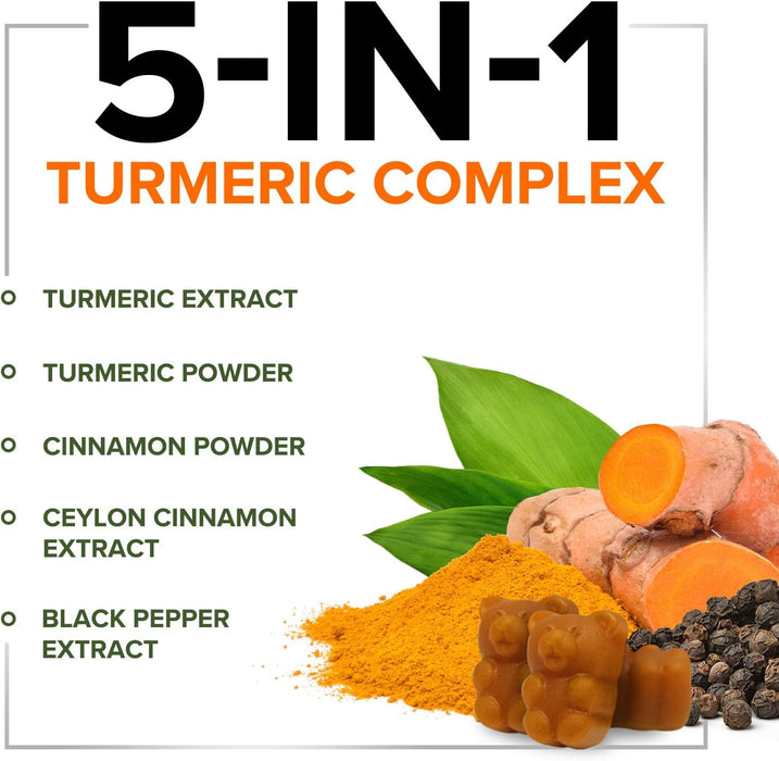Turmeric Curcumin with Cinnamon & Ginger Gummies 95% Curcuminoids Black Pepper for Max Absorption Joint Support, Nature's Tumeric Herbal Extract Supplement Gummy Capsules, Vegan, Non-GMO - 60 Gummies