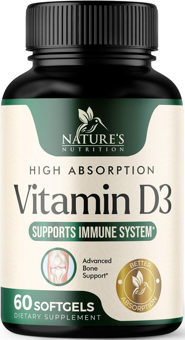 Vitamin D3 Supplement 5000IU (125 mcg) - Extra Strength Vitamins D-3 Dietary Softgels for Bone, Teeth, Muscle Health & Immune Support, Rapid Absorbtion Mini D Softgel, Non-GMO, Gluten Free - 60 Count