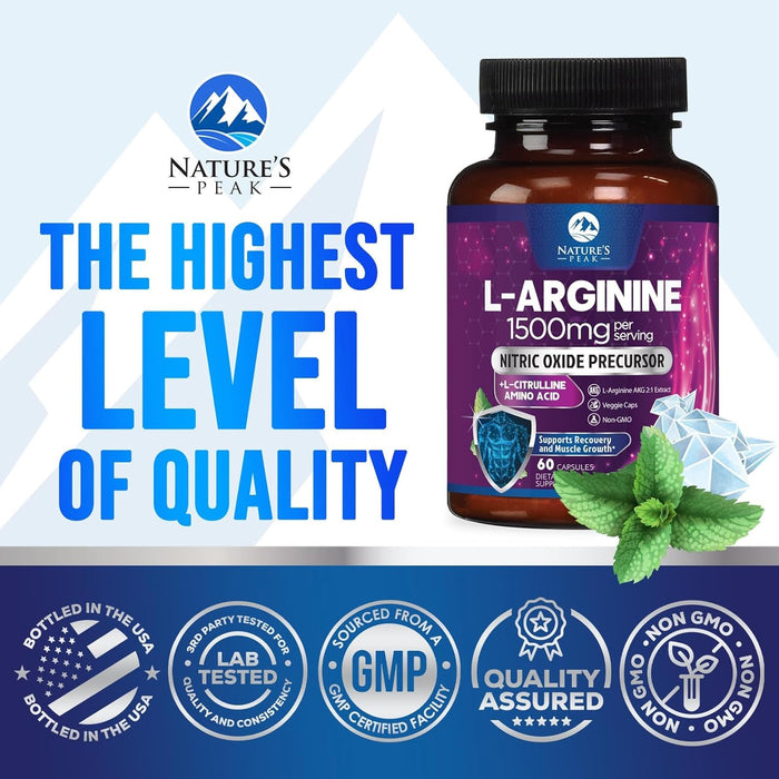 L-Arginine 1000mg Supplement Supports Heart Health - Premium Muscle Supporting Nitric Booster for Strength & Energy to Train Harder - Non-GMO, Gluten-Free Amino Acid Blend