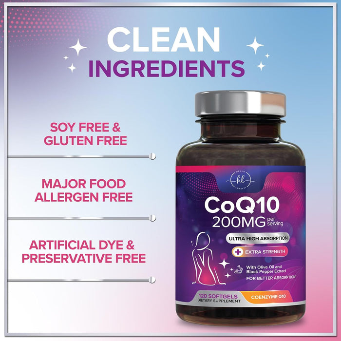 CoQ10 200mg Softgels - Ultra High Absorption, Antioxidant for Heart Health & Energy Production Support - Coenzyme Q10 (Ubiquinone) Co Q 10 Supplement and Vitamins 100mg Each - Non GMO