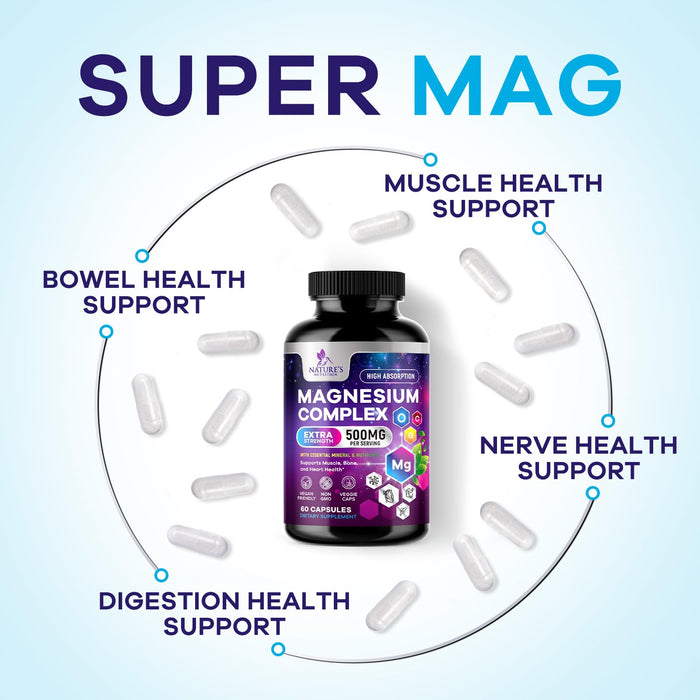 Magnesium Complex Supplement 500 mg - 5 in 1 High Absorption Chelated Magnesium Glycinate, Malate, Citrate, Oxide, Aquamin - Non-GMO Magnesio Capsules, Bone Muscle & Heart Health Support, 60 Capsules
