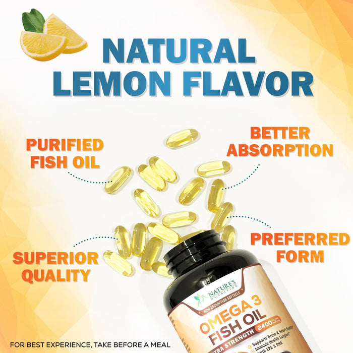 Omega 3 Fish Oil 2400 mg – Triple Strength EPA & DHA Fatty Acids for Heart, Brain & Joint Support – Wild-Caught, Burpless, Lemon Flavor Supplement – Natural, Non-GMO, Gluten-Free – 60 Softgels