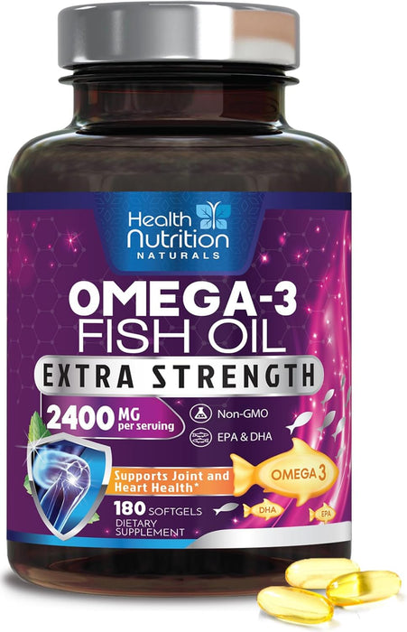 Health Nutrition Naturals Omega-3 Fish Oil Supplement, Triple Strength 2400mg High EPA 864mg and DHA 288mg for Natural Heart Support and Brain Support, Wild Caught Non-GMO, Lemon Flavor