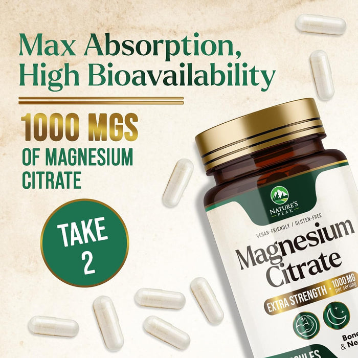 Magnesium Supplement 1000mg - Extra Strength Magnesium Complex for Muscle, Nerve, Bone & Heart Health Support - High Absorption Magnesium Citrate 500mg Capsules