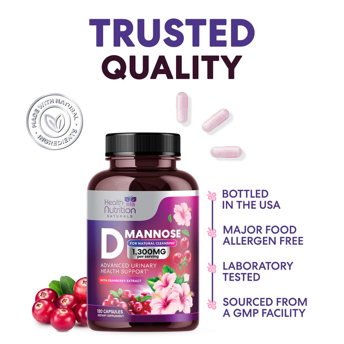 D-Mannose Supplement 1,000mg - with Cranberry, Hibiscus & Dandelion - Fast-Acting, Natural Urinary Tract & Bladder Support for Women & Men – Flush & Cleanse Impurities – Non-GMO, Vegan – 120 Capsules