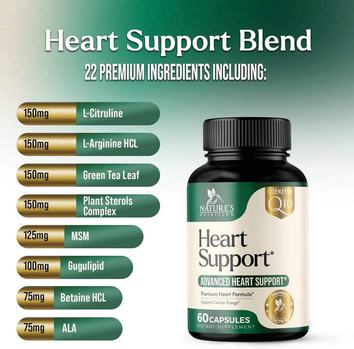 Heart Supplements 1650mg for Heart Health Support with CoQ10, L-Arginine, Magnesium, Hawthorn - 22 Natural Heart Vitamins & Extracts to Support Nitric Oxide & Energy Production, and More - 60 Capsules