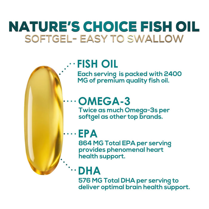 Omega 3 Fish Oil Supplement 2400 mg - Triple Strength EPA & DHA Fish Oil Omega 3, Essential Fatty Acids Supplement Softgels, Brain & Heart Health Support Supplements, Gluten Free Non-GMO, 60 Softgels