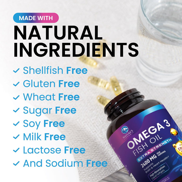 Omega 3 Fish Oil 2400 mg Supplement, Sustainably Sourced, Triple Strength Omega-3 Supplement Softgels, Brain Health Support, EPA & DHA Fish Oil Fatty Acids Supplements, Gluten & GMO Free, 60 Softgels