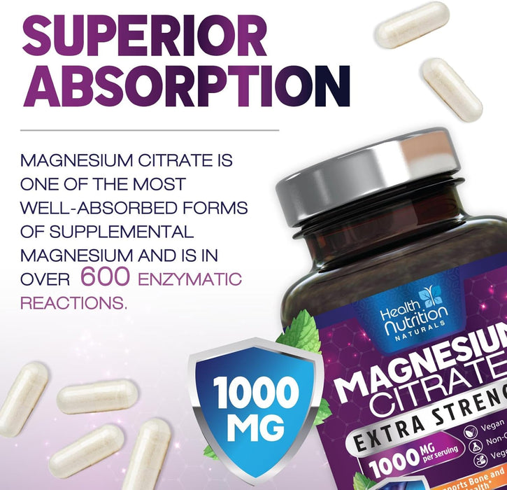 Magnesium Citrate 1000mg - Max Strength Magnesium Capsules for Muscle, Nerve, Bone and Heart Health Support, Natural Sleep Support, High Absorption Citrate Oxide Powder Complex