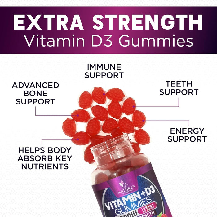 Vitamin D3 Gummies 5,000 IU Extra Strength 125 mcg D3 Supplement Gummy - Support Natural Bone, Muscle, & Immune Health - Gluten Free - Non-GMO - Nature's Raspberry Flavor