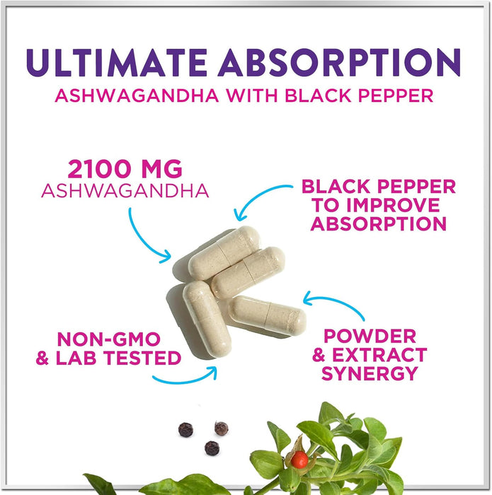 Ashwagandha 2,100 mg Extra Strength - Pure Ashwagandha Powder Antioxidant Support with Black Pepper plus Root Extract Vegan Adaptogen Formula Supplements for Energy and Immune Support