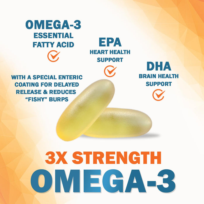 Omega 3 Fish Oil 2400 mg - Triple Strength EPA & DHA Fatty Acids for Heart, Brain & Joint Support Wild-Caught, Burpless, Lemon Flavor Supplement Natural, Non-GMO, Gluten-Free - 180 Softgels
