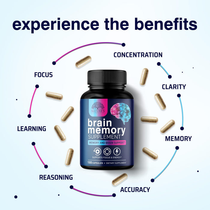 Brain Memory Supplement Pills - Nootropics Support for Concentration, Clarity, Alertness & Focus - Brain Health with Bacopa, Cognitive Vitamins, Phosphatidylserine, DMAE - Brain Booster - 180 Capsules