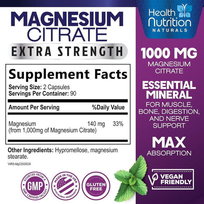 Magnesium Citrate Capsules 1000mg - Max Absorption Magnesium Powder for Muscle, Nerve, Bone and Heart Health Support, High Absorption Citrate Complex, Gluten Free, Non-GMO - 180 Capsules
