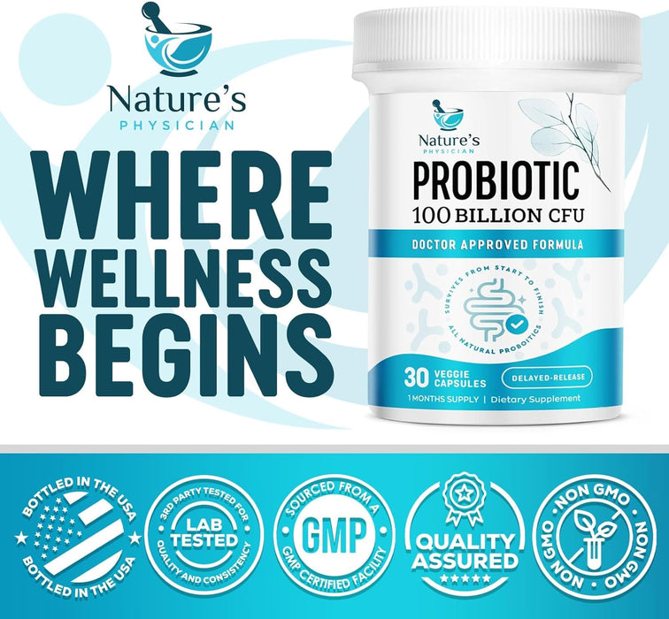 Nature's Physician Probiotics - 100 Billion CFU - 16 Strains + Prebiotics - Best Probiotic Supplement for Women & Men - Supports Immune, Digestive Health, Occasional Constipation & Gas