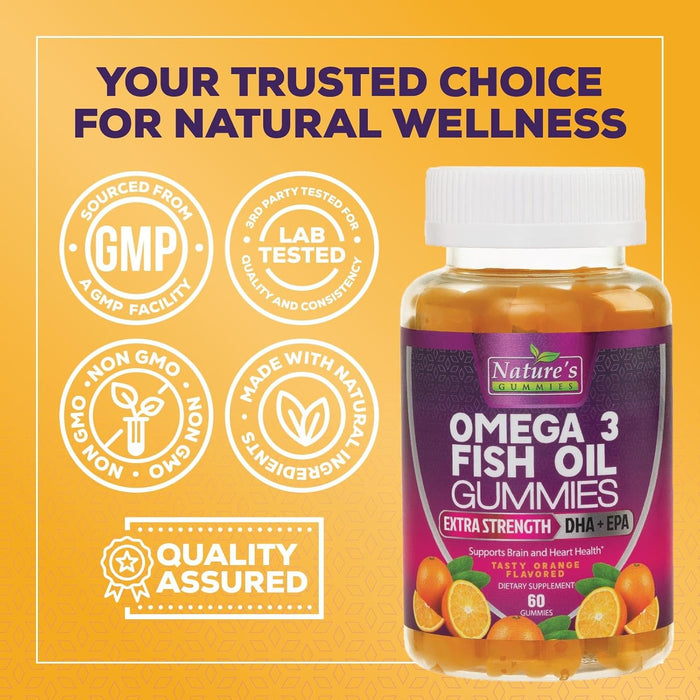 Omega 3 Fish Oil Gummies, Extra Strength Omega Fish Oil Supplement, High Absorption for Joint, Heart & Brain Support, Nature's Heart Healthy Omega 3s DHA EPA Gummy Vitamin, Orange Flavor