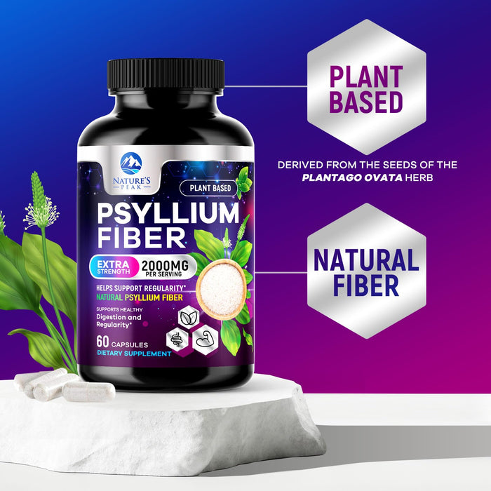 Psyllium Husk Fiber Supplement 1500mg - Vegan Prebiotic, Soluble Fiber for Daily Digestive Health & Regularity Support, Natural Psyllium Powder Caps, Sugar-Free, Non-GMO & Gluten-Free - 60 Capsules
