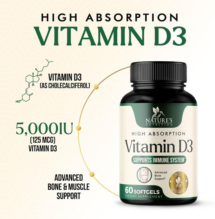 Vitamin D3 Supplement 5000IU (125 mcg) - Extra Strength Vitamins D-3 Dietary Softgels for Bone, Teeth, Muscle Health & Immune Support, Rapid Absorbtion Mini D Softgel, Non-GMO, Gluten Free - 60 Count