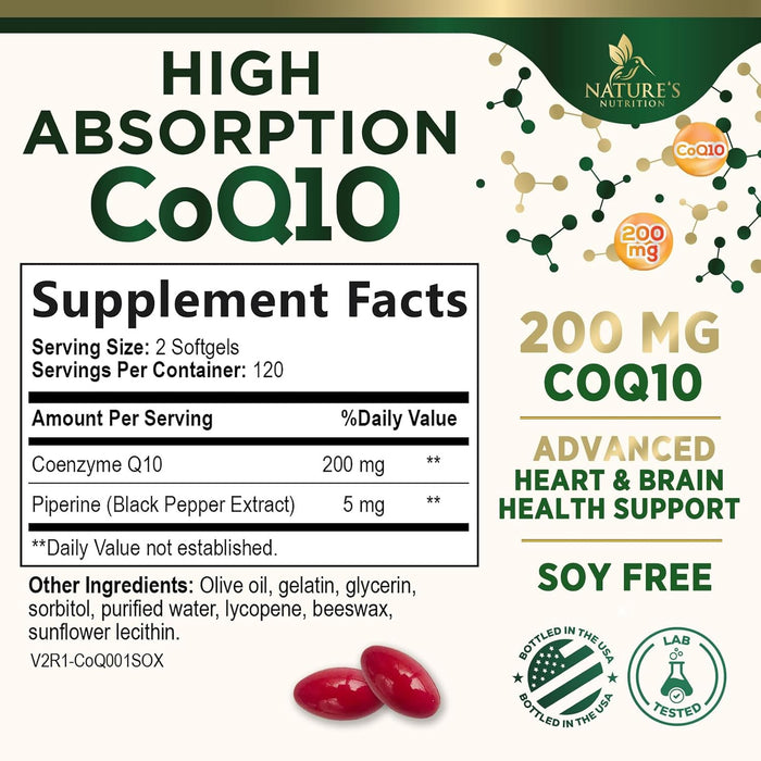 CoQ10 100mg Coenzyme Q10 Softgels - Superior Absorption, Antioxidant for Heart Health & Cellular Energy Support - Nature's Co Q10 Supplement, Non-GMO & Gluten Free - 60 Softgels