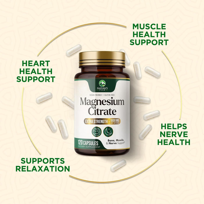Magnesium Supplement 1000mg - Extra Strength Magnesium Complex for Muscle, Nerve, Bone & Heart Health Support - High Absorption Magnesium Citrate 500mg Capsules