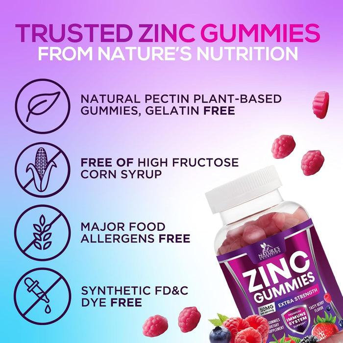 Zinc Gummies - 50mg - Extra Strength Immune Health Support Gummy & Antioxidant Supplement, Dietary Supplement Zinc Vitamin, Vegan, Non-GMO and Gluten Free Formula, Berry Flavor