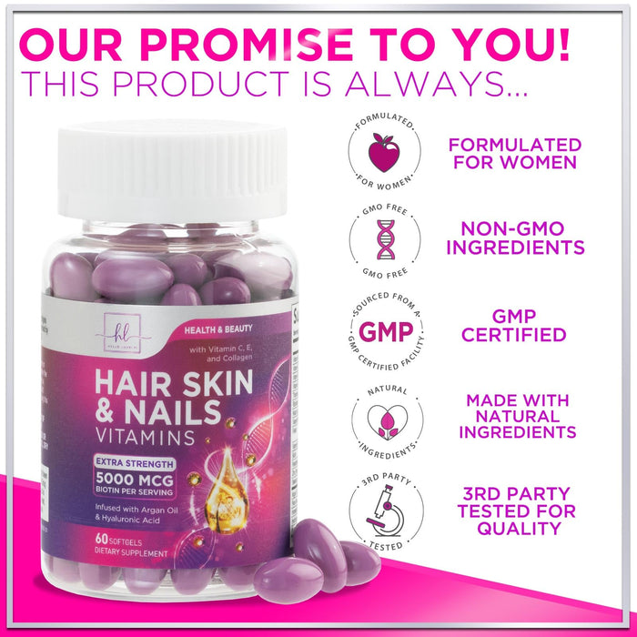 Hair, Skin & Nails Vitamins for Women - Biotin 5000mcg to Support Hair Growth with Argan Oil, Collagen & Hyaluronic Acid, Beautiful, Stronger Skin, Hair & Nails Vitamin Supplement - 60 Softgels