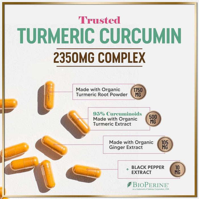 Turmeric Curcumin Supplement with 95% Curcuminoids, Organic Turmeric & Ginger 1750mg, BioPerine Black Pepper for Best Absorption, Nature's Vegan Joint Support, Non-GMO, Bottled in USA