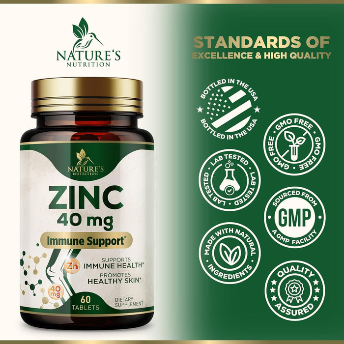 Zinc 40mg Supplements for Women and Men, Supplement for Immune Health Support, Skin Health Support, & Antioxidant Supplement for Adults with Zinc Gluconate 40 mg, High Potency, Non-GMO