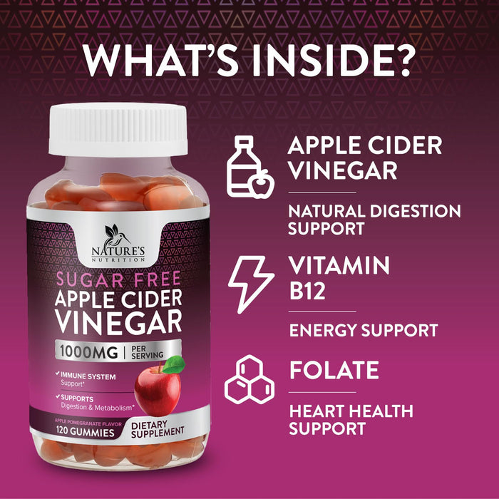 Apple Cider Vinegar Gummies for Weight Loss 1000mg - Vegan Apple Vinegar Gummy for Detox & Cleanse, ACV Supplement Pills, Vitamin B12, Sugar Free ACV Gummy, Non-GMO, Nature's Nutrition - 120 Gummies