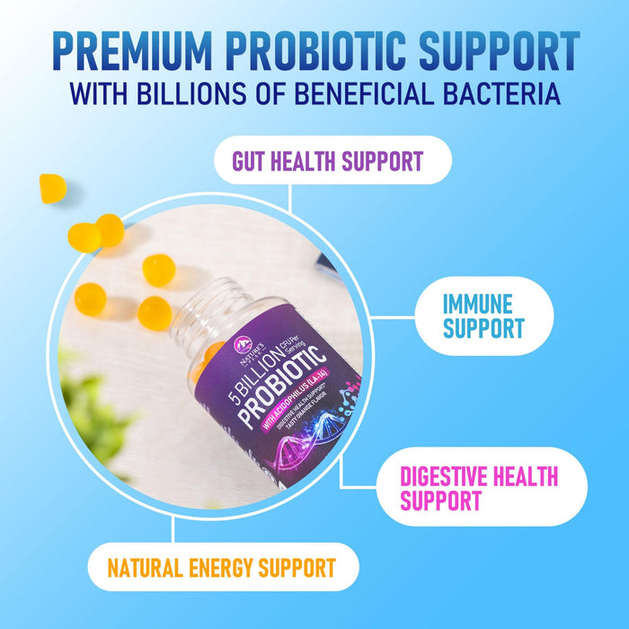 Probiotic Gummies for Women, Men & Teens - 5 Billion CFUs, 6 Pro Biotic Strains - Daily Probiotic Gummy Supplement for Natural Digestive Health, “Good” Gut & Immune Support, Orange Flavor - 60 Count
