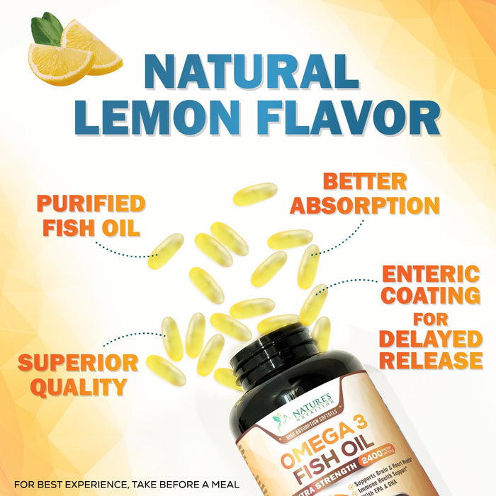 Omega 3 Fish Oil 2400 mg - Triple Strength EPA & DHA Fatty Acids for Heart, Brain & Joint Support Wild-Caught, Burpless, Lemon Flavor Supplement Natural, Non-GMO, Gluten-Free - 180 Softgels