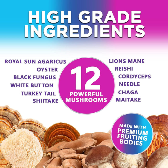Mushroom Supplement Gummy - 12 in 1 Mushroom Complex with Lions Mane, Reishi, Cordyceps, Chaga & Turkey Tail, Immune Support & Nootropic Supplements for Memory, Brain, Energy & Focus