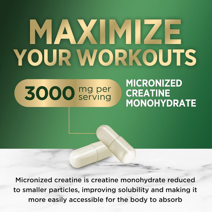 Creatine Monohydrate Capsules 3000mg – Best Micronized Creatine Powder - Supports Lean Muscle, Strength, Energy, & Endurance - Nature's Supplement, Non-GMO, Gluten Free for Women & Men