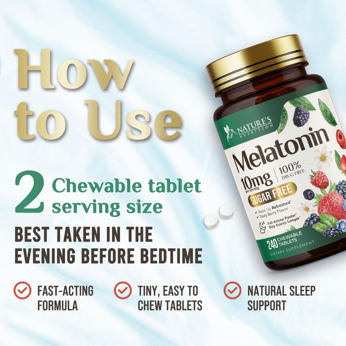 Melatonin 10 mg Fast Dissolve, Melatonin Supplements for Restful Sleep, Natural Sleep Support Supplement for Adults, Extra Strength Strawberry-Flavored Tablets, Sugar Free, 240 Tablets, 120 Day Supply