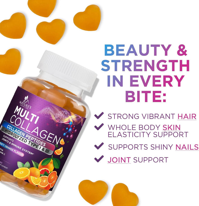 Collagen Gummies with Biotin - Hydrolyzed Collagen Peptides Supplement Types I and III - Support for Hair, Skin, Nails and Joints - Gluten Free and Non-GMO - Orange Flavored Gummy Vitamins