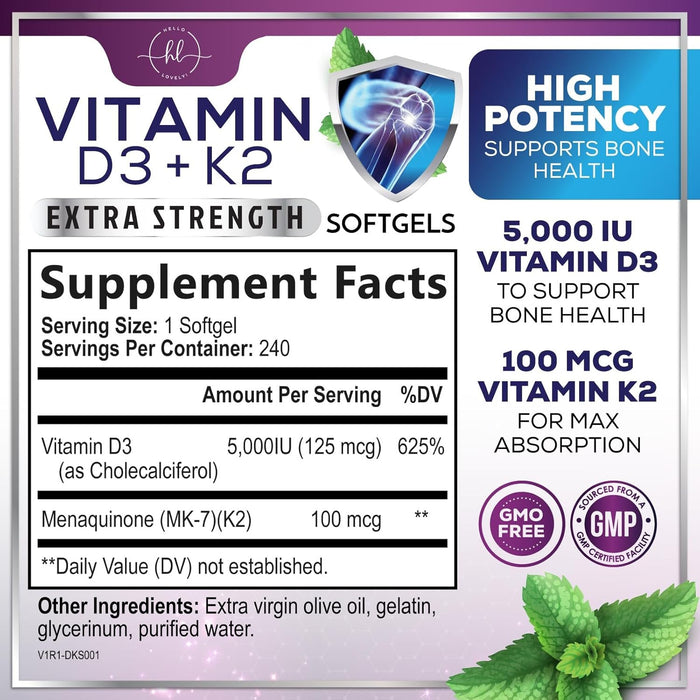 Vitamin D3 K2 Supplement - 5000 IU D3 & 100mcg K2 (MK7) 2-in-1 Vitamin D & K Complex for Calcium Absorption, Bone, Teeth, Heart & Immune Support, Easy to Swallow, Non-GMO & Gluten Free